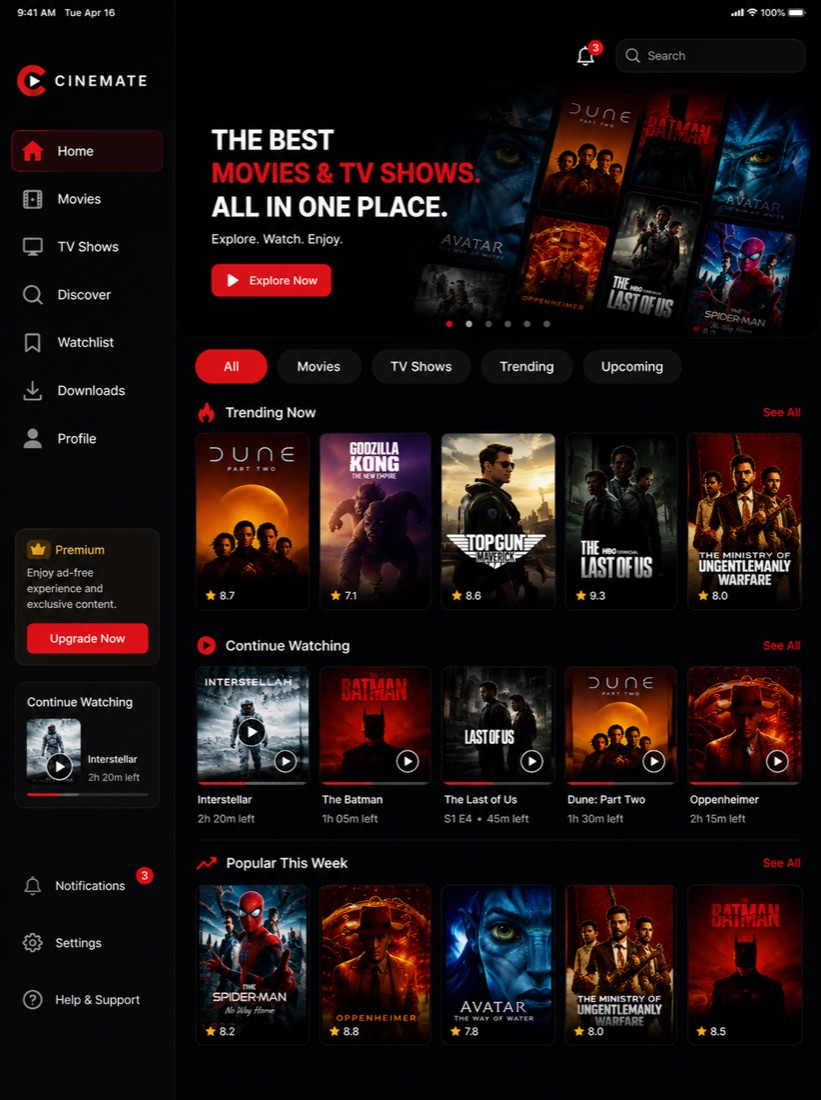 Cinemate on iPad — portrait view