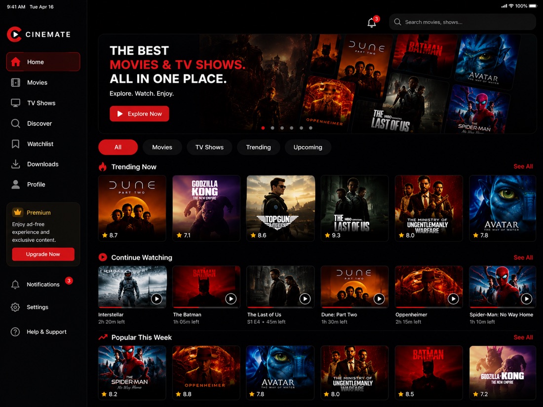 Cinemate on iPad — landscape view