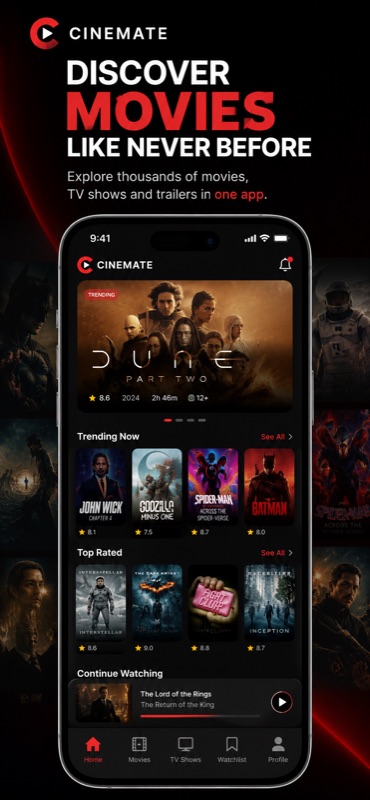 Cinemate — home screen, discover trending movies