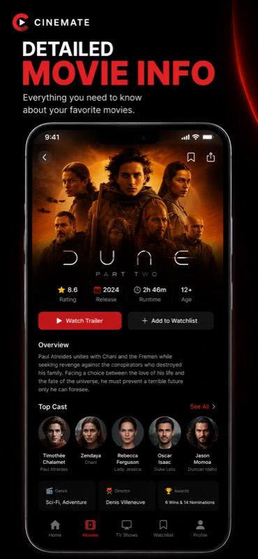 Cinemate — detailed movie page with cast and rating