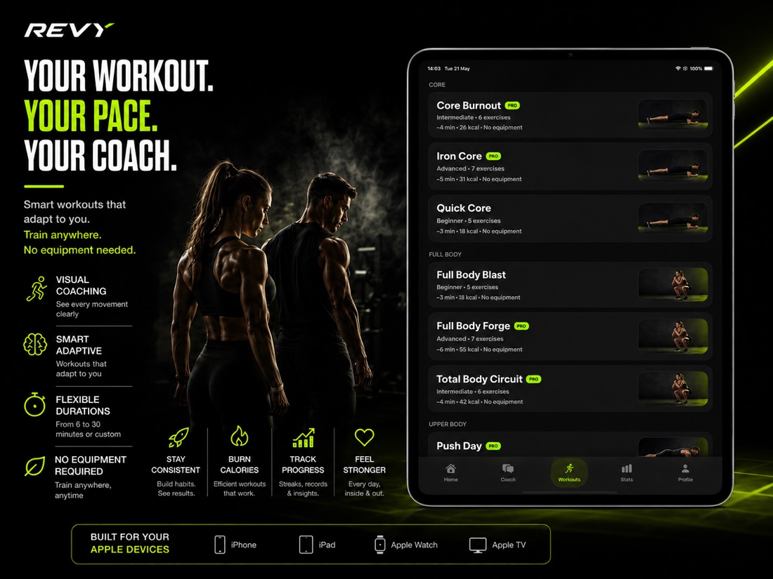Revy on iPad — workout library