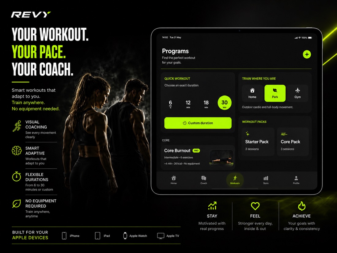 Revy on iPad — choose the workout that fits your day