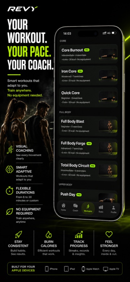 Revy — workout library organized by Core, Full Body and Upper Body