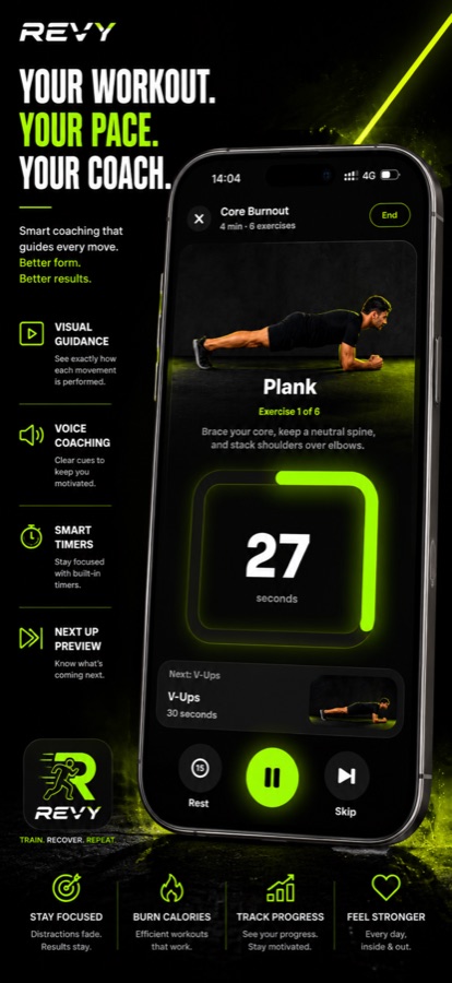 Revy — guided Core Burnout workout with smart timer
