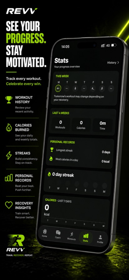 Revy — stats screen with streaks and personal records