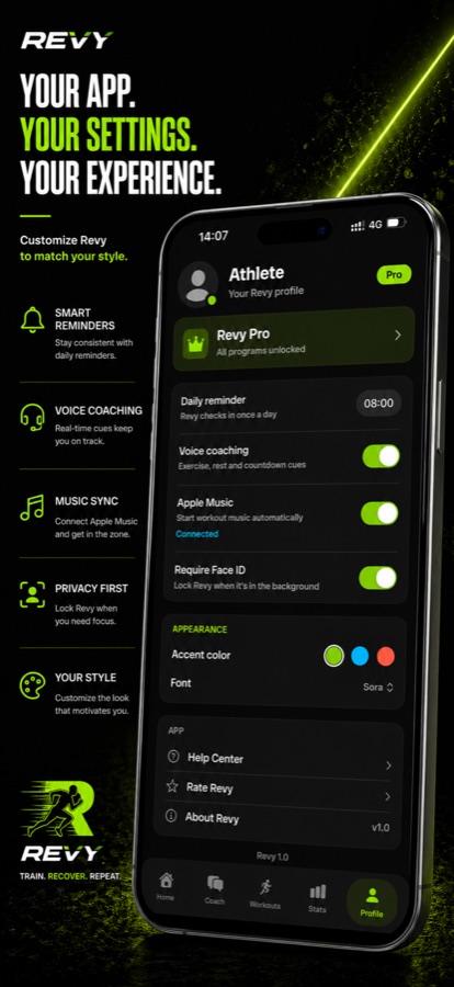 Revy — settings, voice coaching and Apple Music sync