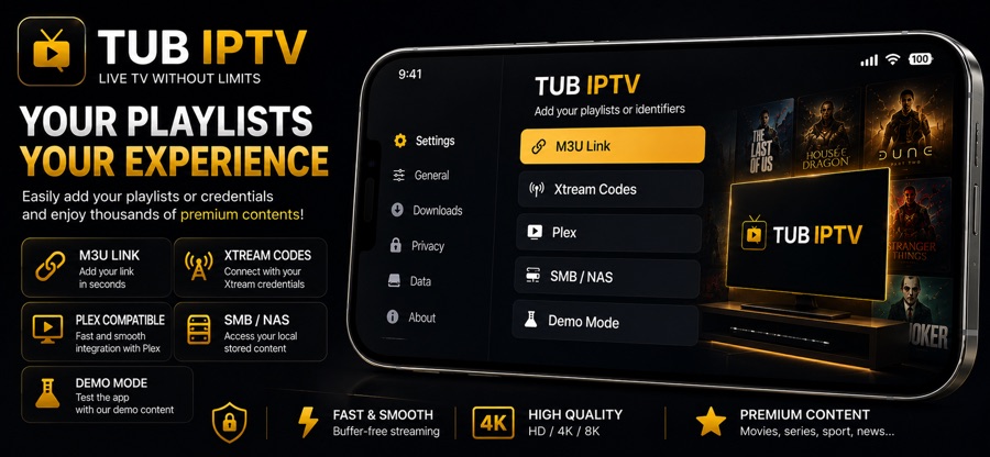 TUB IPTV — add your playlists and credentials